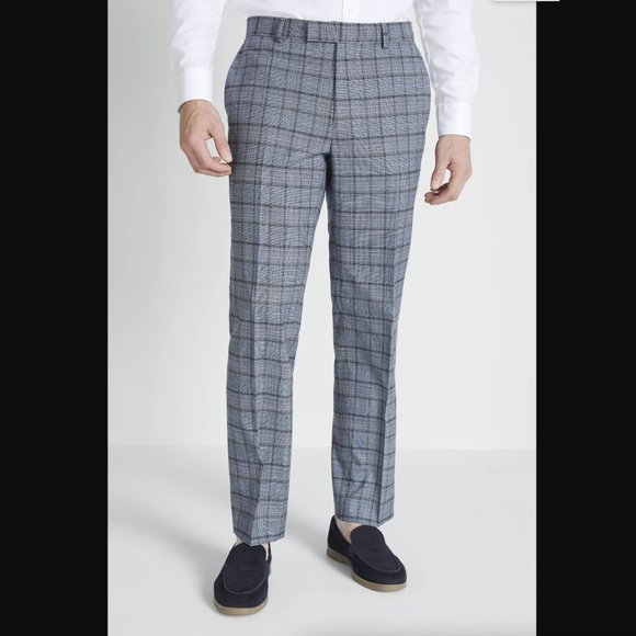 NWT MOSS BROS LONDON Tailored Fit Mid Blue Check Trouser 30R 30 - Picture 1 of 5